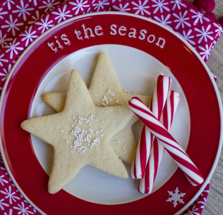 Plate of sugar cookies in the shape of stars and candy canes